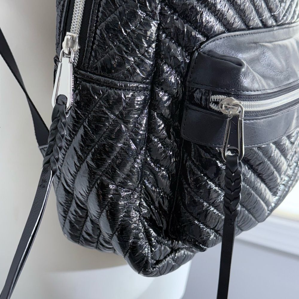 Rebecca Minkoff Pippa Large Backpack Black Patent Nylon Chevron Quilted Laptop - Picture 10 of 16